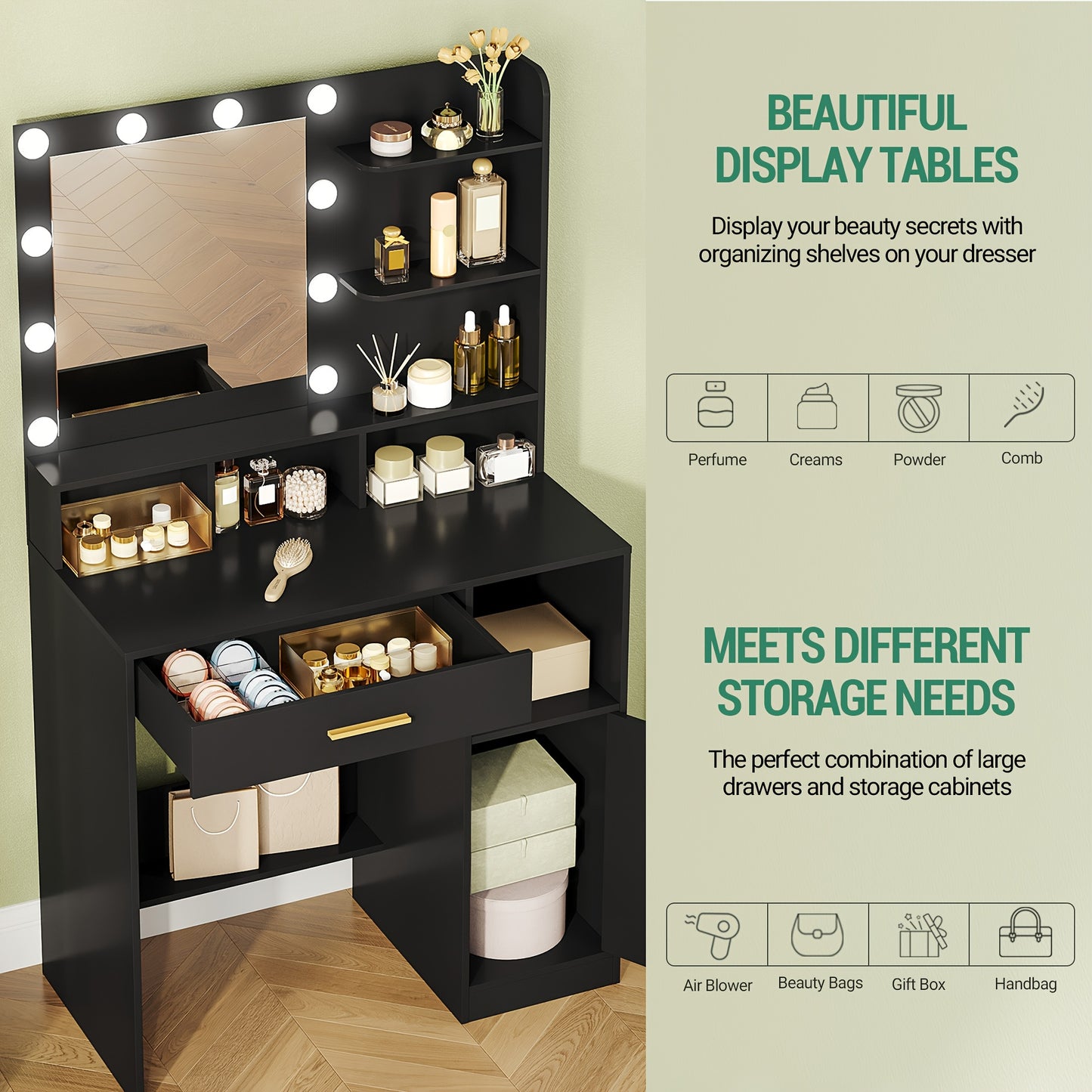Make-up Tafel – Kaptafel – Schminktafel – Visagie Tafel – Dressing Table – 10 LED Lampen – 3 Verstelbare Lichtstanden – Wit