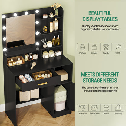 Make-up Tafel – Kaptafel – Schminktafel – Visagie Tafel – Dressing Table – 10 LED Lampen – 3 Verstelbare Lichtstanden – Wit