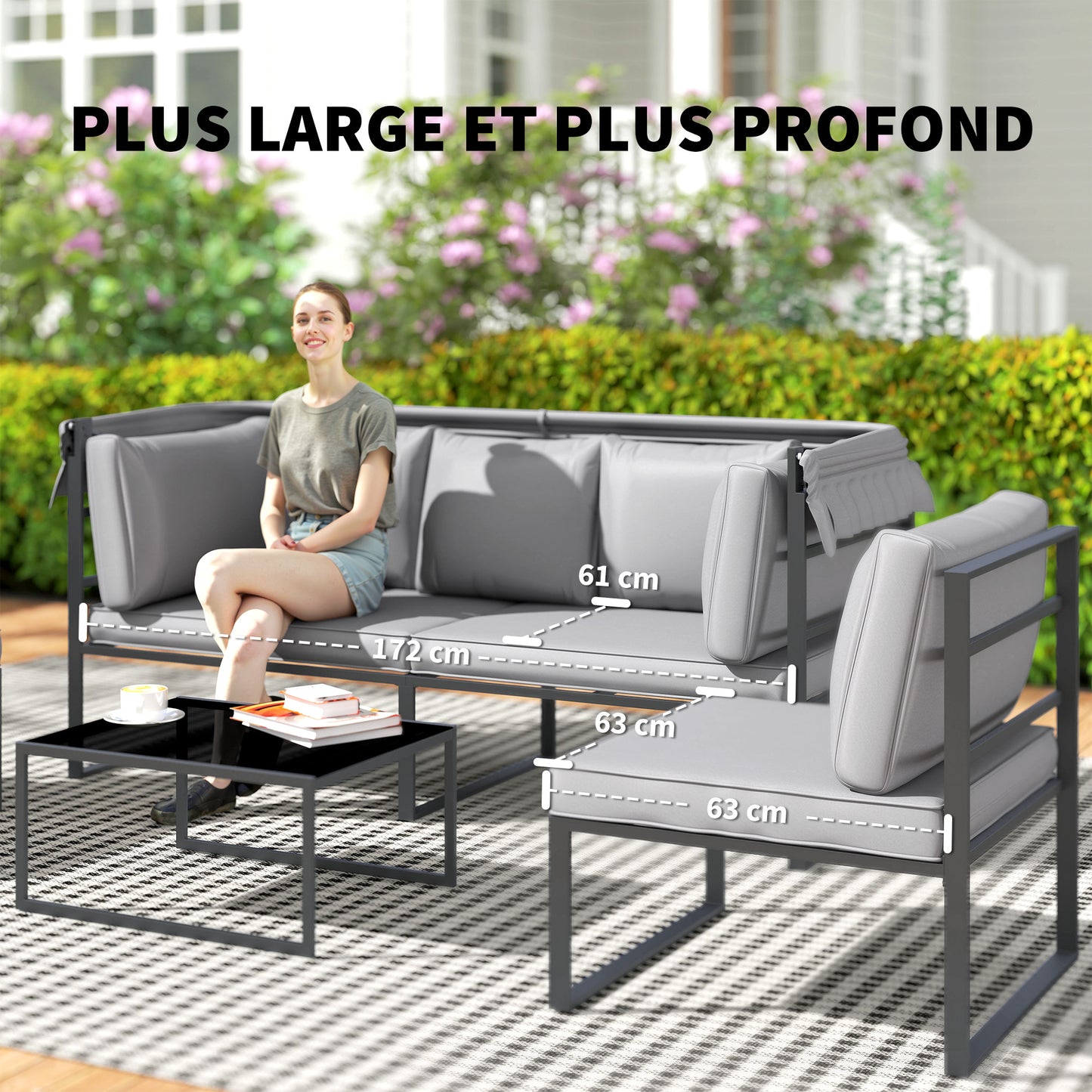 4-delige Modular Tuinmeubelset – Tuinbank – Tuinstoelen – Loungeset – Balkonmeubels – Grijs – Met Zonneluifel – Veilig Gehard Glas Tafelblad