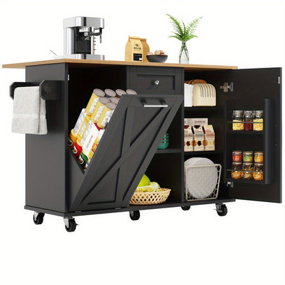 Keukeneiland – Keukentrolley – Keukenkast – Serveerwagen – Buffetkast – Zwart Retro Design – Ruime Opbergruimte – Duurzame MDF & Metaal – Ruimtebesparend Zonder Elektriciteit