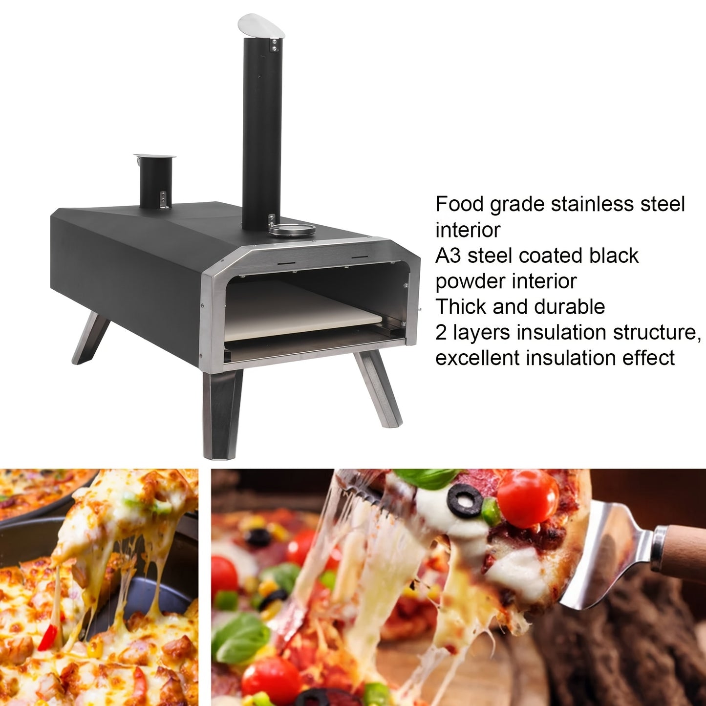 Pizzaoven – Draagbare Pizza Grill – Buitenoven – Houtgestookte Oven – Pizza Cooker – Roestvrij Staal – Ingebouwde Thermometer – Bakoppervlak 30,5 cm