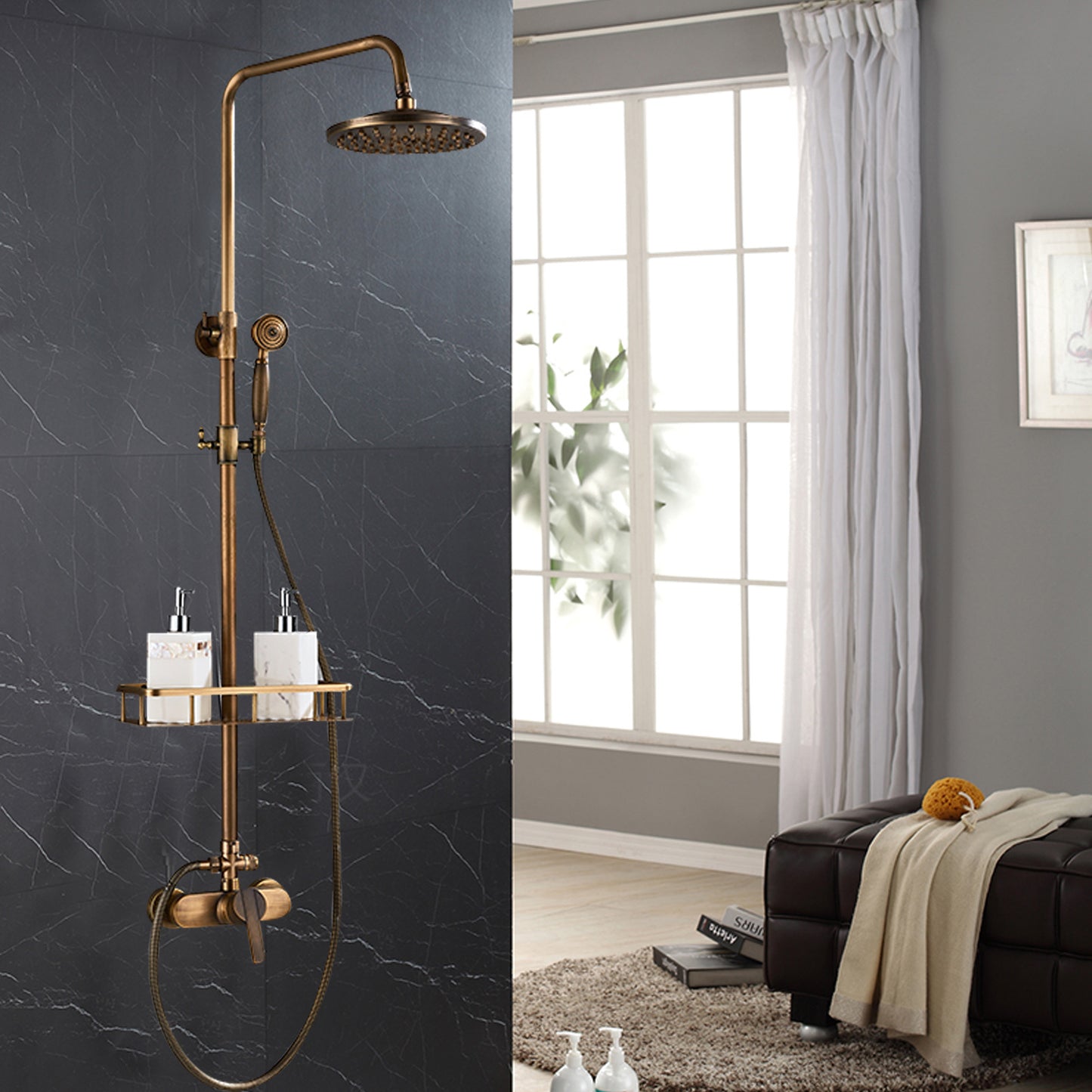 Douchekraan – Douchemengkraan – Douchekraan Thermostatisch – Doucheset – Regendouche – Antieke Messing Afwerking – Messing Materiaal – Verstelbare Douchebuis 75-120 cm