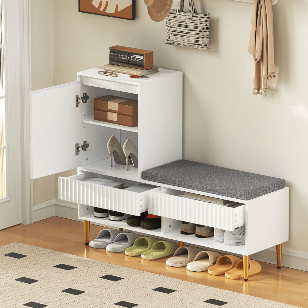 Schoenenkast – Schoenrek – Schoenenopberger – Halmeubel – Zitbank – Modern Wit – 1 Deur en 2 Lades – Compact en Ruimtebesparend 100x35x90 cm