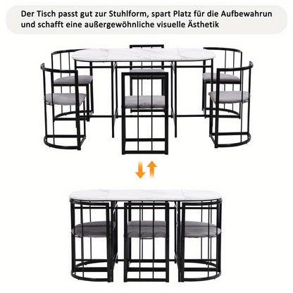 Eettafelset 6 Personen – Dining Table Set – Eetkamerset – Tafeltje Met Stoelen – Restaurantmeubilair – Modern Design – Wit MDF Blad – Zwart Metalen Frame – Comfortabele Grijze Stoelen – Duurzaam & Stevig