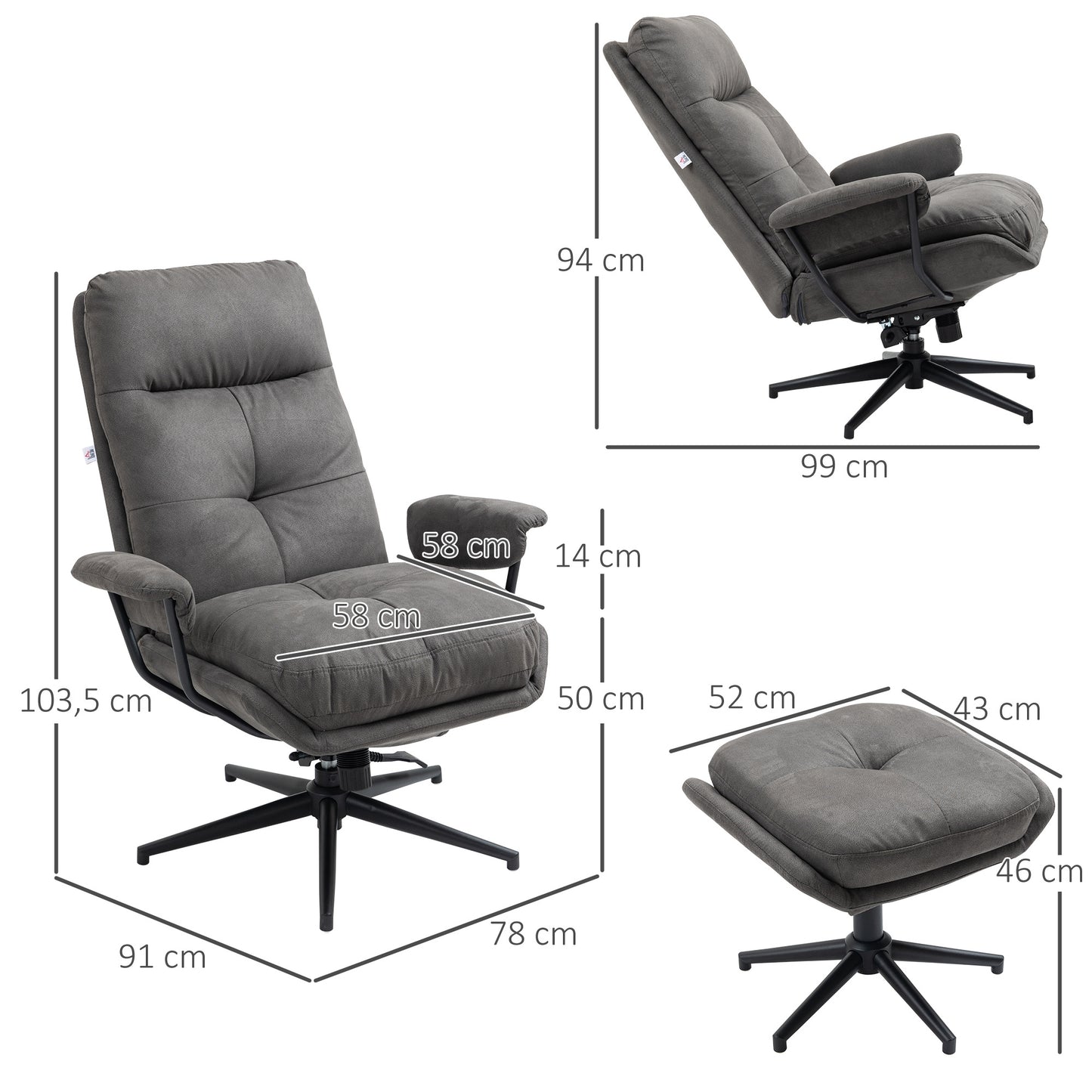 Relaxfauteuil – Relaxstoel – Fauteuil Met Voetenbank – TV-stoel – Draaifauteuil – Donkergrijs – Verstelbare Rugleuning Tot 130° – 360° Draaibaar