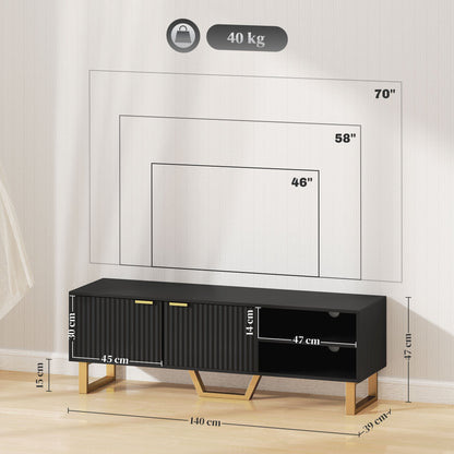 Tv-kast – Meubel voor tv – Mediakast – Tv-meubel – Houten tv-meubel – Mat zwart met gouden accenten – Geschikt voor tv’s tot 70 inch – Ruime opbergruimte met kabeldoorvoer