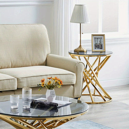 JYMTOM Round Glass Coffee Table with Golden Rustproof Metal Frame - Modern Art Deco Style, Heavy-Duty Tempered Glass Top & Sturdy Base, Easy Assembly Living Room Center Table for Sofa, Durable Metal Frame & Glass Construction