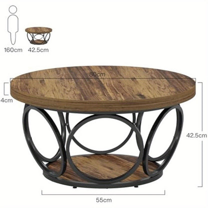 BYBLIGHT Industrial Round Coffee Table - 80cm Rustic Brown Wood & Metal Frame, Thickened Engineered Wood Top, Space-Saving Design, Easy Assembly, Contemporary Style for Living Room, Bedroom, Office - Durable & Stylish Furnitu