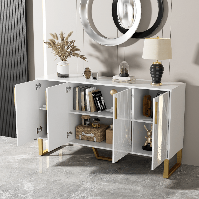 Dressoir – Opbergkast – Ladekast – TV-Kast – Buffetkast – Hoogglans Wit – Metalen Handgrepen & Poten – 140x40x80 cm – Geometrisch Design