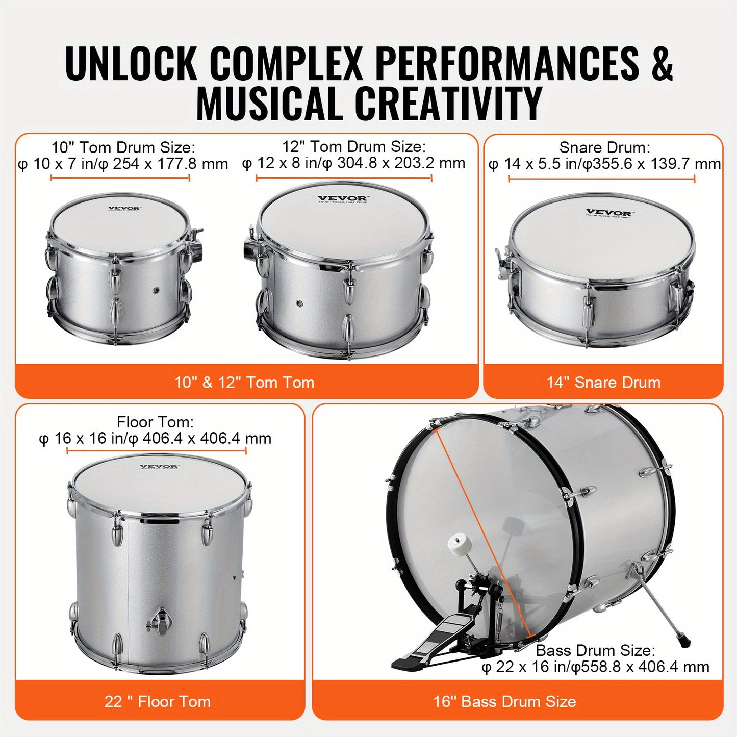 Drumstel – Drums – Schlagwerk – Percussie – Drum Kit – 5-Delig Compleet – Verstelbare Kruk – 55,88 cm Basdrum – Zilverkleurig