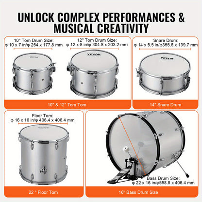 Drumstel – Drums – Schlagwerk – Percussie – Drum Kit – 5-Delig Compleet – Verstelbare Kruk – 55,88 cm Basdrum – Zilverkleurig