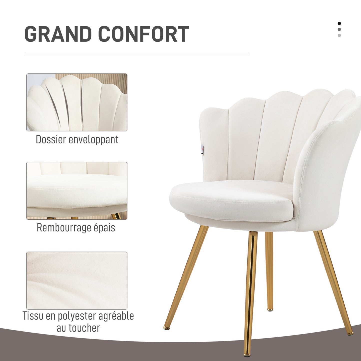 Velvet Stoel – Fauteuil – Eetkamerstoel – Woonkamerstoel – Slaapkamerstoel – Creme Kleur – Gouden Metalen Poten – Zacht Polyester Bekleed – Compacte Afmetingen 67x64x77 cm