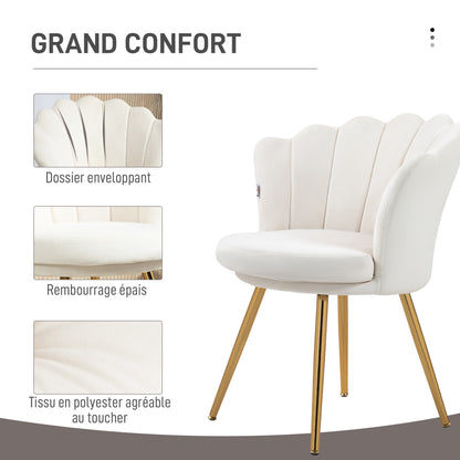 Velvet Stoel – Fauteuil – Eetkamerstoel – Woonkamerstoel – Slaapkamerstoel – Creme Kleur – Gouden Metalen Poten – Zacht Polyester Bekleed – Compacte Afmetingen 67x64x77 cm