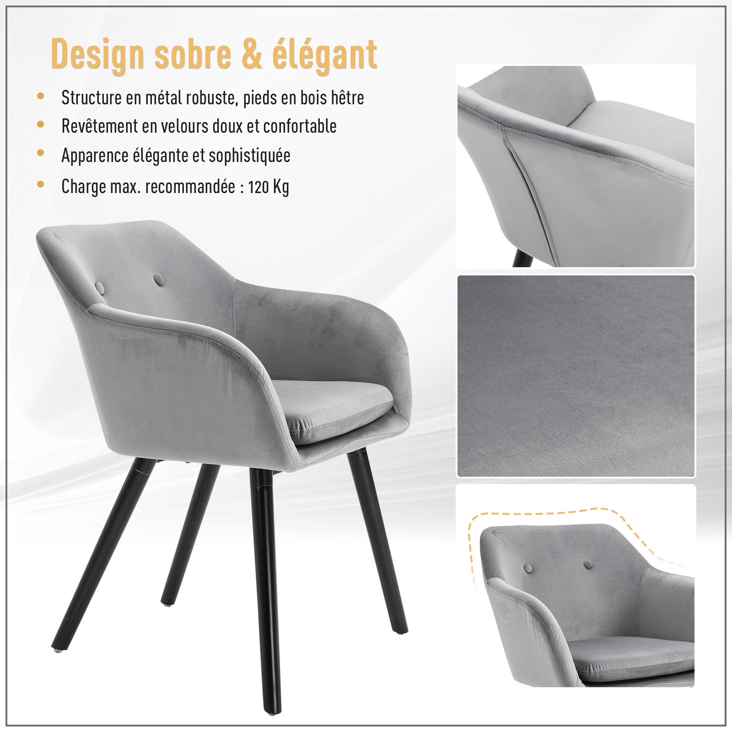 HOMCOM Dining Room Chairs Kitchen Chair Living Room Scandinavian Chairs - Set of 2 - Tapered Legs Black Wood - Grey Velvet