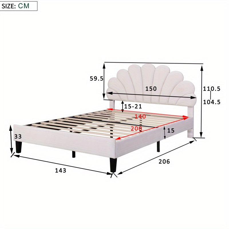 Tweepersoonsbed – Gestoffeerd Bed – Velours Bed – Slaapbed – Bedframe – 140 x 200 cm – Uniek Bloemvormig Hoofdbord – Zachte Huidvriendelijke Bekleding Beige