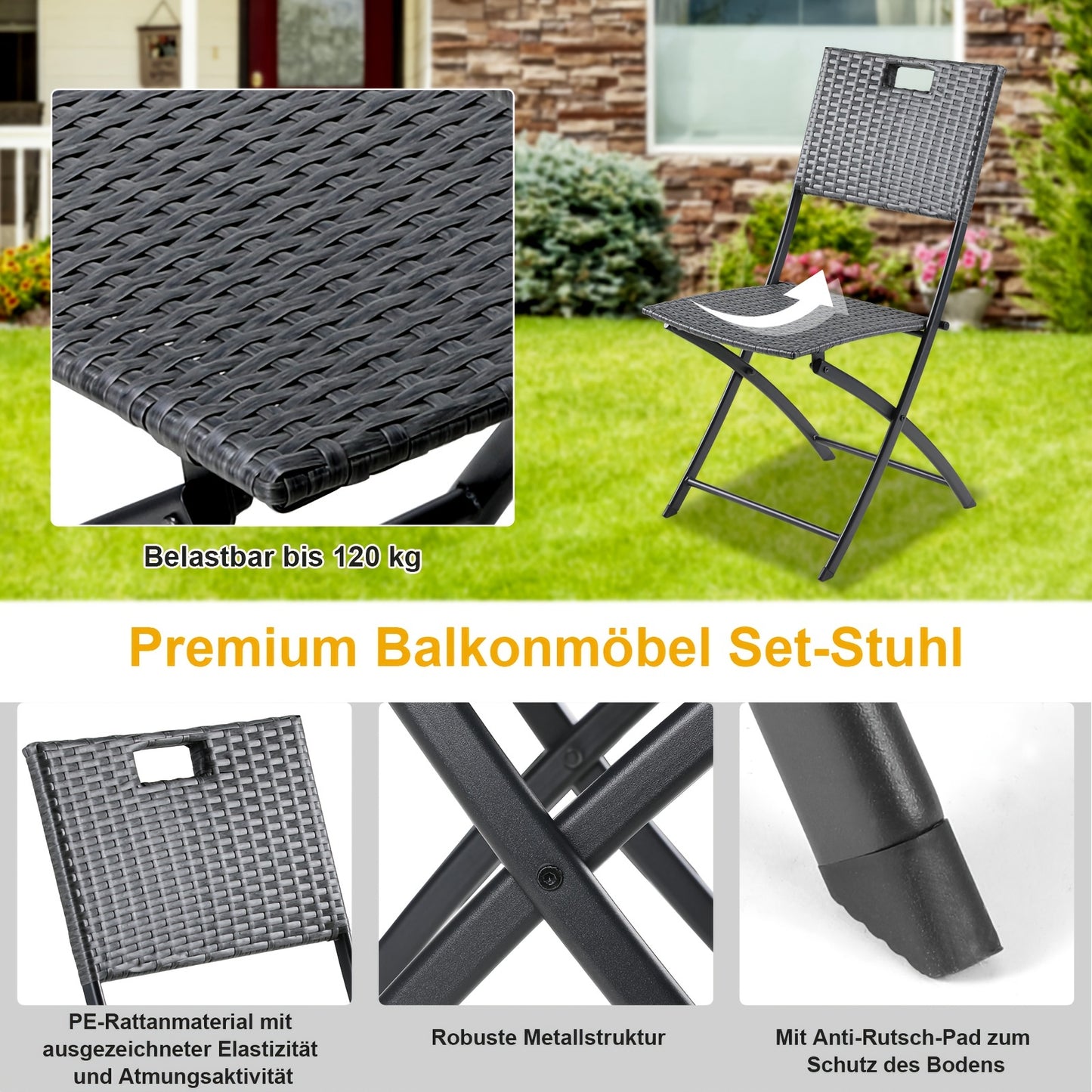 3-delige Tuinset – Balkonmeubel Set – Rattan Meubels – Vouwbare Tafel En Stoelen – Lichtgewicht En Opklapbaar – Perfect Voor Buiten, Tuin En Terras