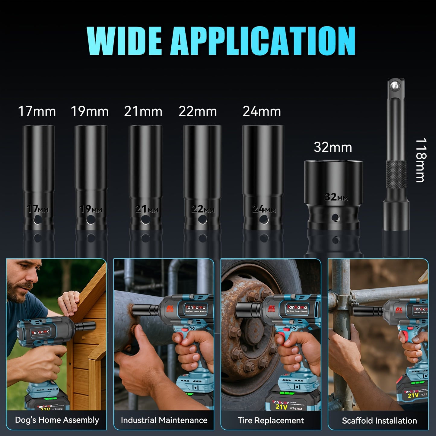 Slagmoersleutel – Slagsleutel – Impact Wrench – Accu Slagmoersleutel – Draadloos – 21V Brushless Motor – Incl. 2 Verwisselbare Batterijen & Complete Steekkoppenset