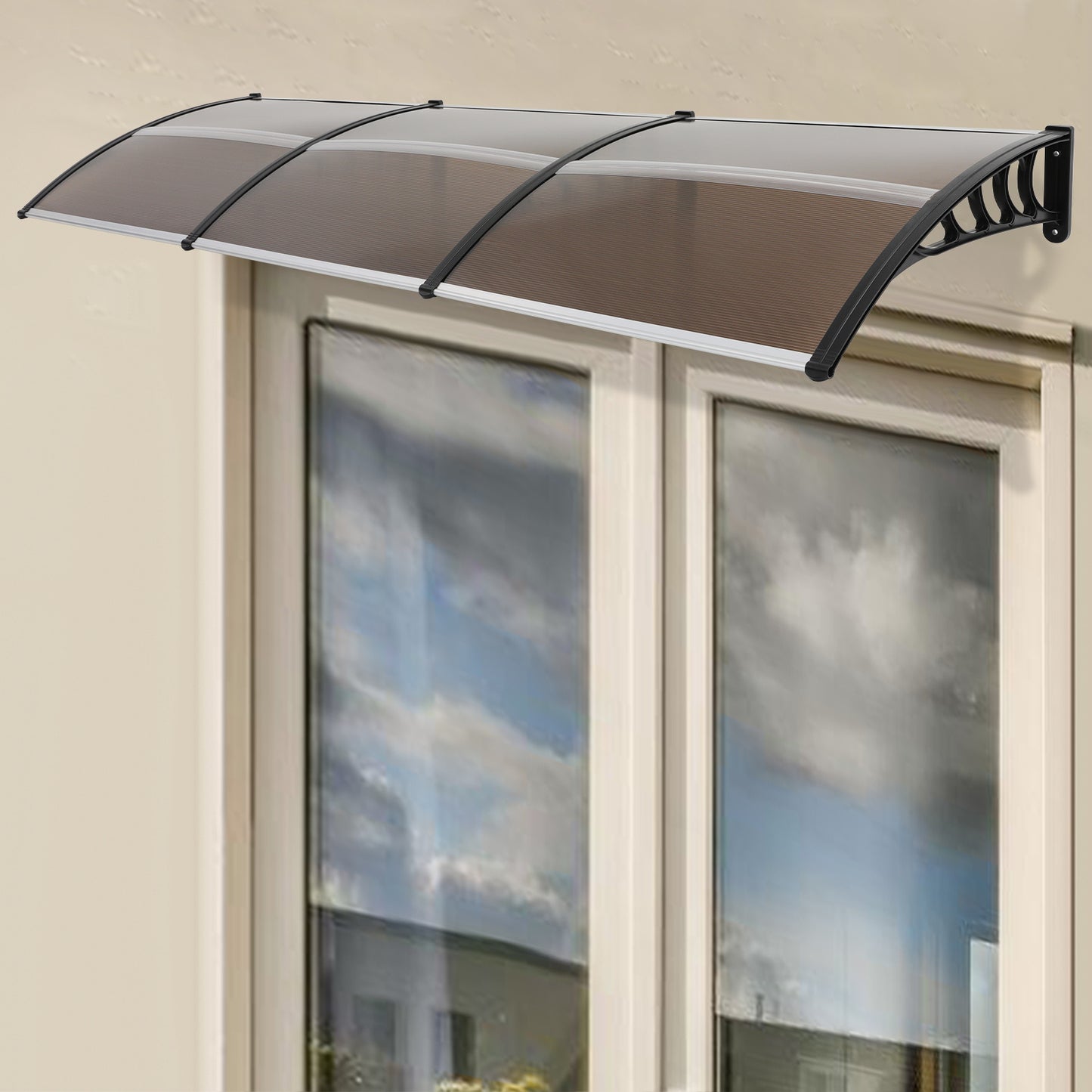 Transparante Boogvormige Overkapping – Terrasoverkapping – Balkonoverkapping – Tuinoverkapping – Zonwering – Bruin Aluminium Frame – Waterdicht en UV-Bestendig – 90x300 cm – Eenvoudige Montage