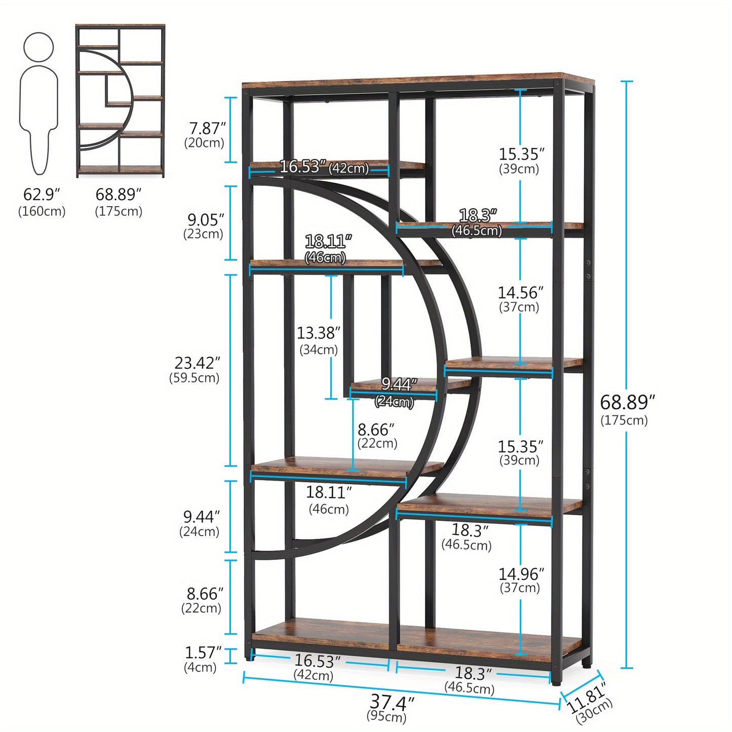 Boekenkast – Boekenrek – Opbergkast – Wandkast – Vakkenkast – Industrieel Design – 9 Open Planken – Robuust Zwart Metalen Frame met Natuurlijke Houtnerf