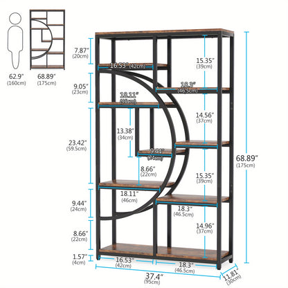 Boekenkast – Boekenrek – Opbergkast – Wandkast – Vakkenkast – Industrieel Design – 9 Open Planken – Robuust Zwart Metalen Frame met Natuurlijke Houtnerf