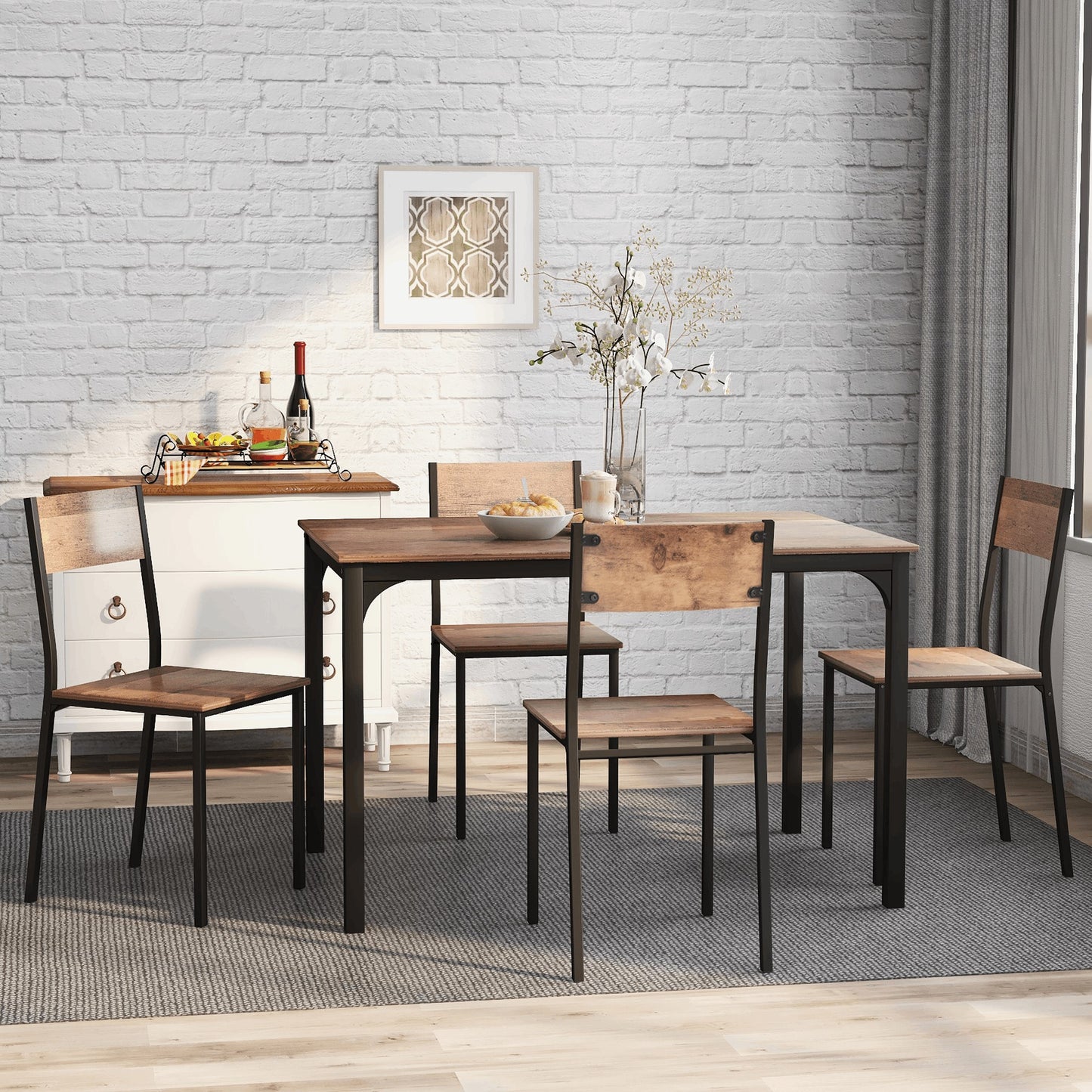 Eettafelset – Eettafel Met Stoelen – Diningset – Keukentafelset – Industrieel Design – Vintage Bruin – Ruimtebesparend Ontwerp – MDF Tafelblad Met Metaal Frame