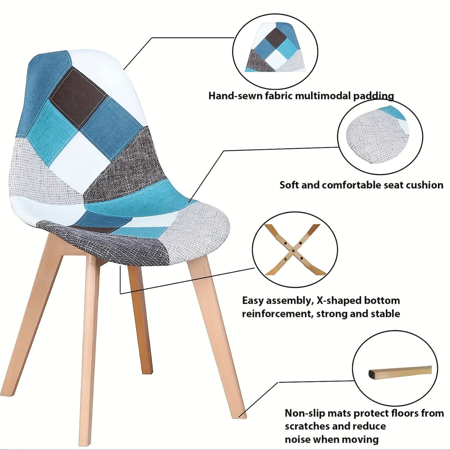 Eetkamerstoelen – Stoelen – Dinerset – Keukenstoelen – Zwarte Stoelen – Blauw Patchwork – Scandinavisch Design – Ergonomisch – Massief Beukenhout – Onderhoudsvriendelijk
