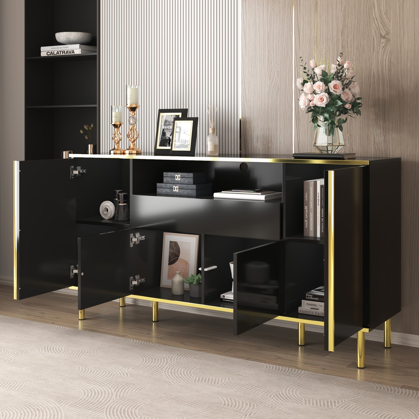 Sideboard, sideboard with four doors, one drawer and a large compartment, space-saving, bedroom chest of drawers, high-gloss sideboard, two colours to choose from, dimensions L150/W40/H80