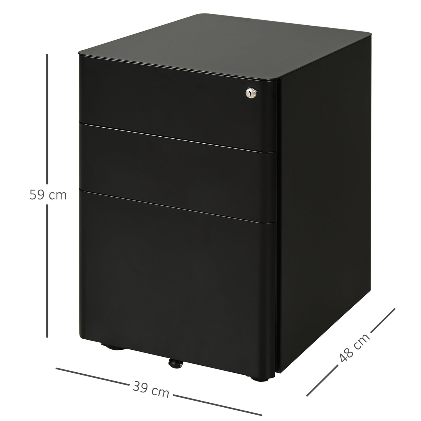 Rollcontainer – Mobiele Kast – Ladekast – File Cabinet – Opbergkast – 3 Laden – Stalen Behuizing – Zwart – 39x48x59 cm – Centraal Slot – Zwenkwieltjes