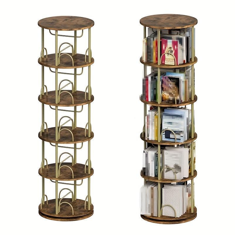 Draaibare Boekenplank – Ronde Boekenkast – Boekenrek – 360 Graden Draaisysteem – Opbergrek – 5 Vakken – Compact Design – Hout-Metalen Constructie – Bruin