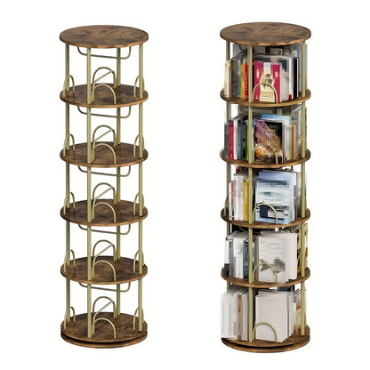 Draaibare Boekenplank – Ronde Boekenkast – Boekenrek – 360 Graden Draaisysteem – Opbergrek – 5 Vakken – Compact Design – Hout-Metalen Constructie – Bruin