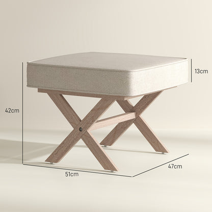 Poef – Kruk – Voetenbankje – Hocker – Zitzak – Gestoffeerd Linnen Look – Houten Onderstel – Anti-slip Mat – Licht Beige