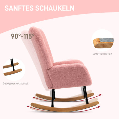 Schommelstoel – Relaxstoel – Fauteuil – Schommelstoelen – Loungestoel – Teddy Velvet – Met Armleuningen – Houten Poten – 90°-115° Schommelbeweging – Brede Comfortabele Zitting – Roze