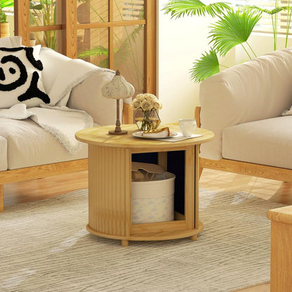 Ronde Bijzettafel – Salontafel – Tafel Met Opbergruimte – Sofa Tafeltje – Schuifdeur Kastje – Bamboe Materiaal – Weerbestendig Design 60x45 cm