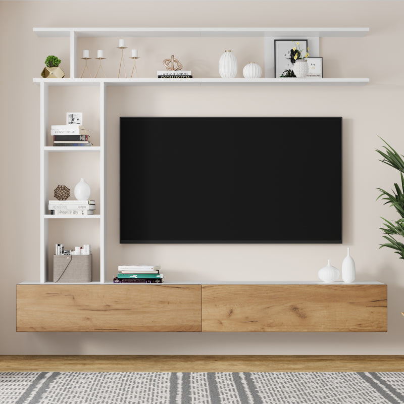 TV Meubelset – TV Meubel – Woonkamermeubel – Wandmeubel – Opbergkast – 180 cm breed – Wit en Hout – Geschikt tot 80 inch