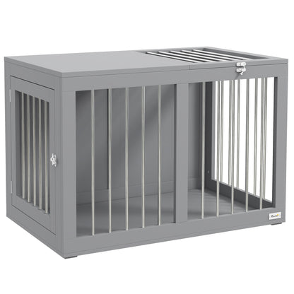 Hondenbench – Hondenkooi – Binnenkennel – Hondenhuis – Reisbench – 2 Afsluitbare Deuren – Verhoogde Bodem – Modern Grijs – 80 x 50 x 56,5 cm