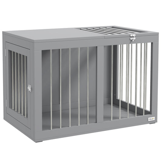 Hondenbench – Hondenkooi – Binnenkennel – Hondenhuis – Reisbench – 2 Afsluitbare Deuren – Verhoogde Bodem – Modern Grijs – 80 x 50 x 56,5 cm