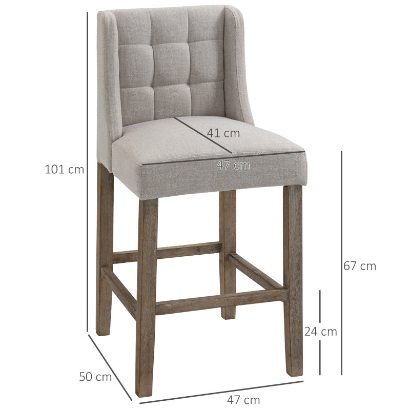 HOMCOM Set of 2 Bar Stools with Backrest, Featuring Button Tufting, Made of Solid Wood, Including Footrest, Dimensions 47 Cm X 50 Cm X 101 Cm, Gray And Natural.