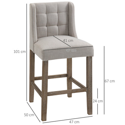 HOMCOM Set of 2 Bar Stools with Backrest, Featuring Button Tufting, Made of Solid Wood, Including Footrest, Dimensions 47 Cm X 50 Cm X 101 Cm, Gray And Natural.