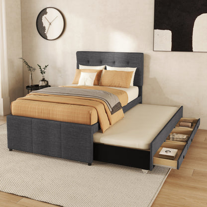 Bedombouw – Familiebed – Uitschuifbed – Opbergbed – Gestoffeerd Bed – 90x200 cm Slaapoppervlak – 3 Grote Lades – Verstelbaar Hoofdbord – Grijze Linnenstof