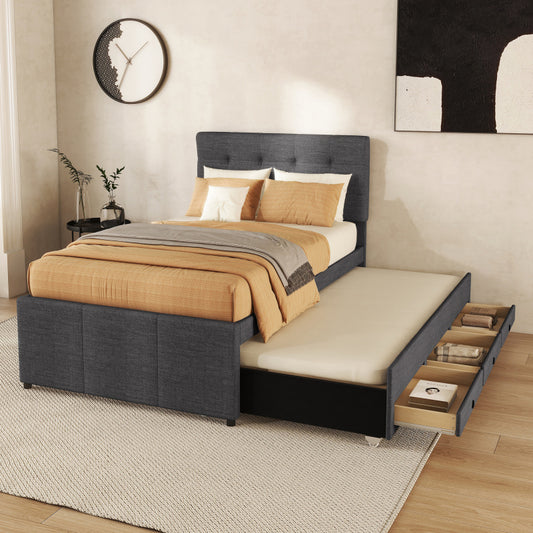 Bedombouw – Familiebed – Uitschuifbed – Opbergbed – Gestoffeerd Bed – 90x200 cm Slaapoppervlak – 3 Grote Lades – Verstelbaar Hoofdbord – Grijze Linnenstof