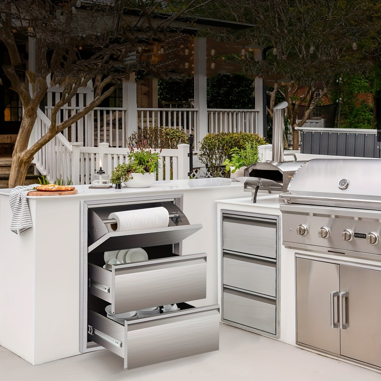 Buitenkeukenlade – BBQ Lade – Opberglade – RVS Lade – Buitenlade – Roestvrij Staal – Geïntegreerde Papieren Houder – 45,7 x 58,4 x 58,4 cm – Weerbestendig & Soepel Uitschuifsysteem