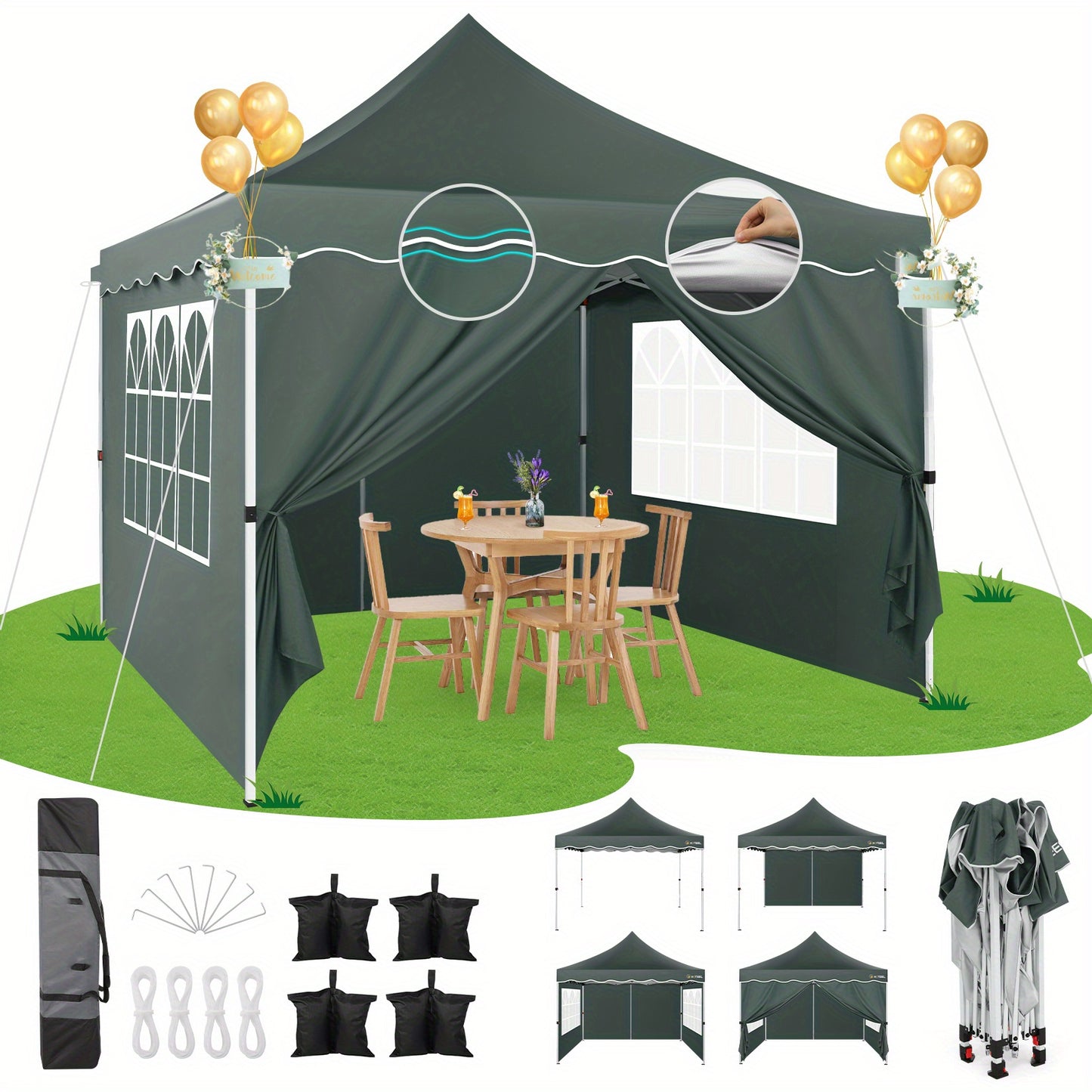 3.05x3.05meter Pop Up Awning With 4 Side Walls, Sun Protection Awning Tent, Thickened Frame, Easy Pop Up Awning For Large Space, Comes With Carrying Bag And Spare Parts, Outdoor Awning For Wedding, Beach, Party, Patio