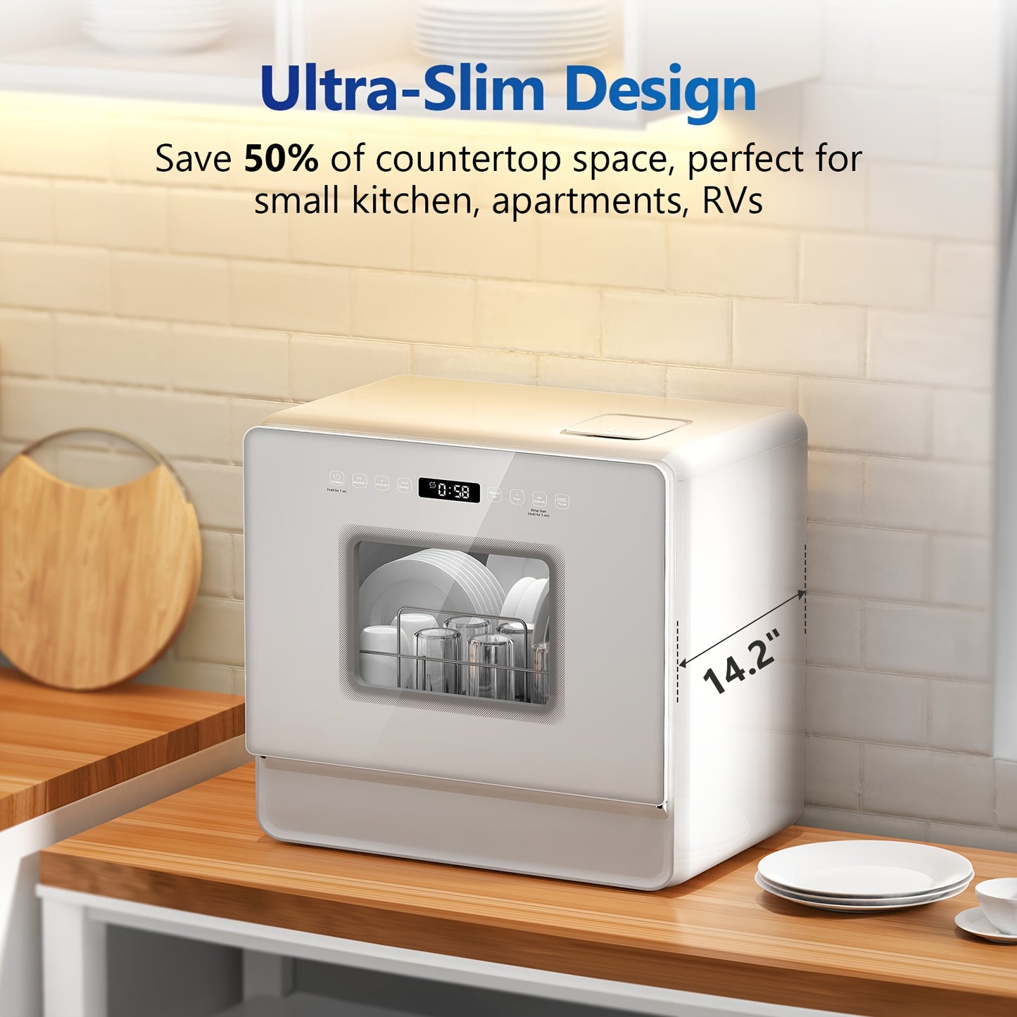Compacte Vaatwasser – Mini Vaatwasser – Aanrechtvaatwasser – Kleine Keuken Vaatwasser – Caravan Vaatwasser – Duale Manden – Ingebouwde 5L Watertank – 7+2 Wasprogramma’s – Zachtwatersysteem