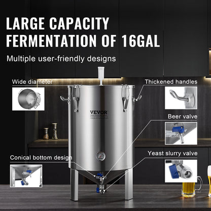 Brouwketel – Gistingstank – Maischketel – Fermentatievat – Bierbrouwketel – 16 Gallon Capaciteit – Voedselveilig 304 RVS