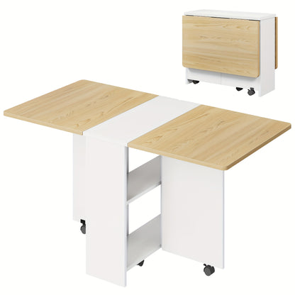 Klaptafel – Vouwtafel – Campingtafel – Eettafel – Opvouwbare Tafel – Met 2 Opbergniveaus – 360° Zwenkwielen Met Rem – Stevig Spaanplaat – Wit Met Houtaccenten