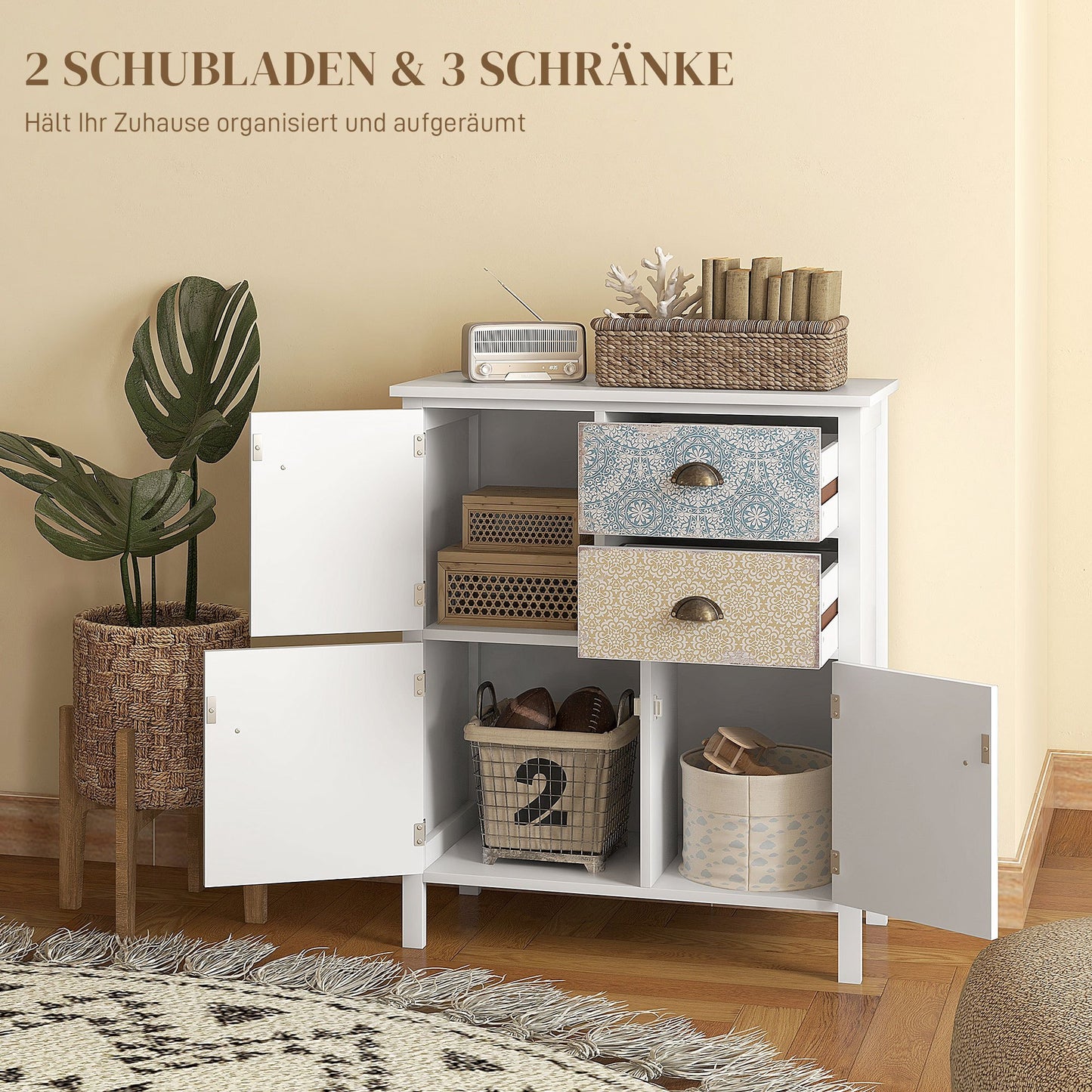 Sideboard – Dressoir – Opbergkast – Bijzetkast – Ladekast – Wit Shabby Chic – Massief Dennenhout – Compact Formaat 68x34x80 cm
