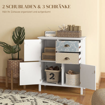 Sideboard – Dressoir – Opbergkast – Bijzetkast – Ladekast – Wit Shabby Chic – Massief Dennenhout – Compact Formaat 68x34x80 cm