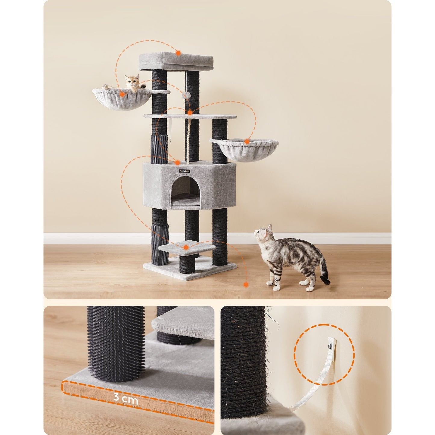 Krabpaal – Kattenboom – Krabmeubel – Kattenhuis – Krabstam – 160 cm Hoog – 9 Dikke Sisal Palen - Duifgrijs en Zwart