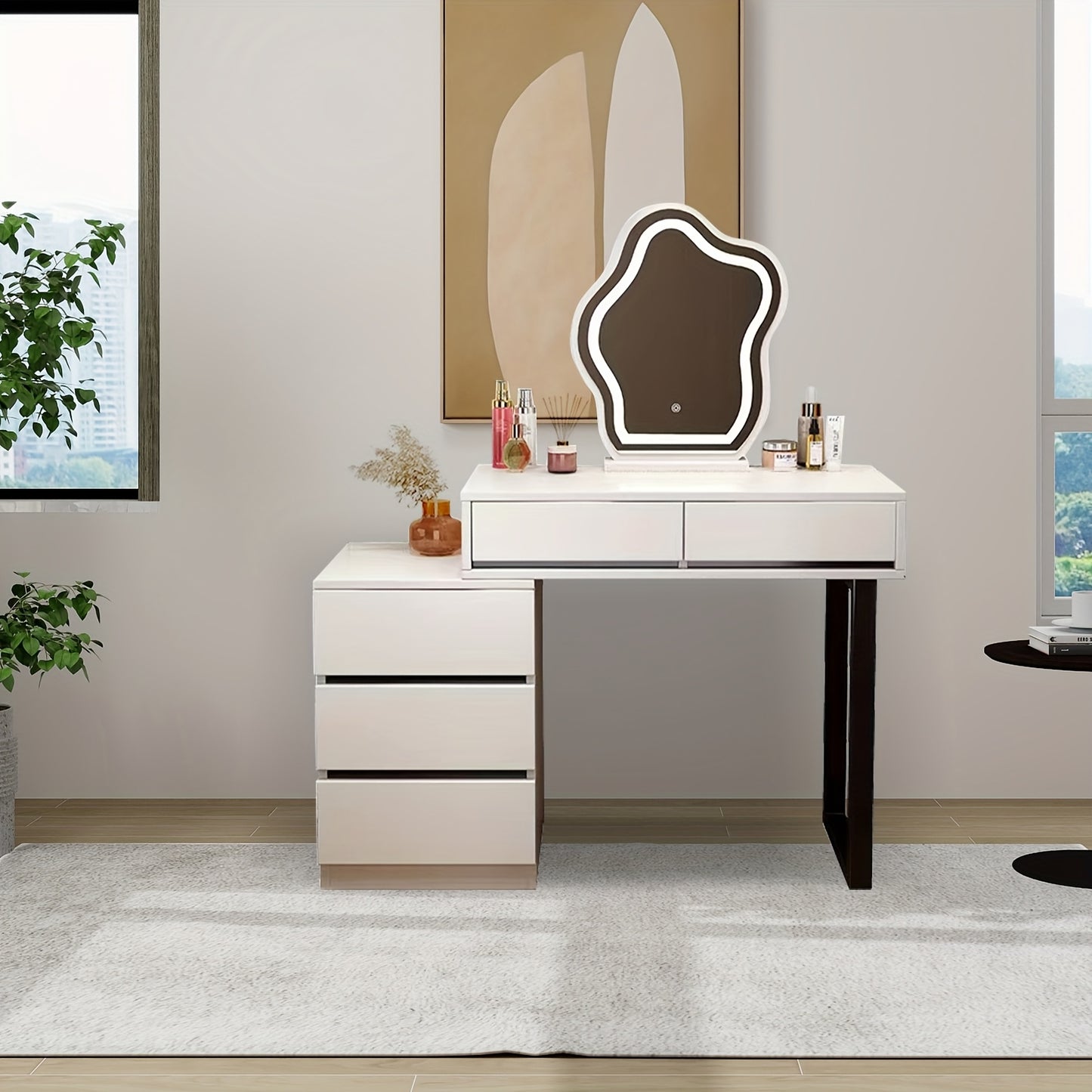 Makeuptafel – Kaptafel – Make-up Tafel – Schminktisch – Cosmetica Tafel – 5 Lades – MDF Met Metaal – Modern Wit Met Spiegel – Compact & Ruim Opbergmeubel – 69 cm Hoog - QUORE