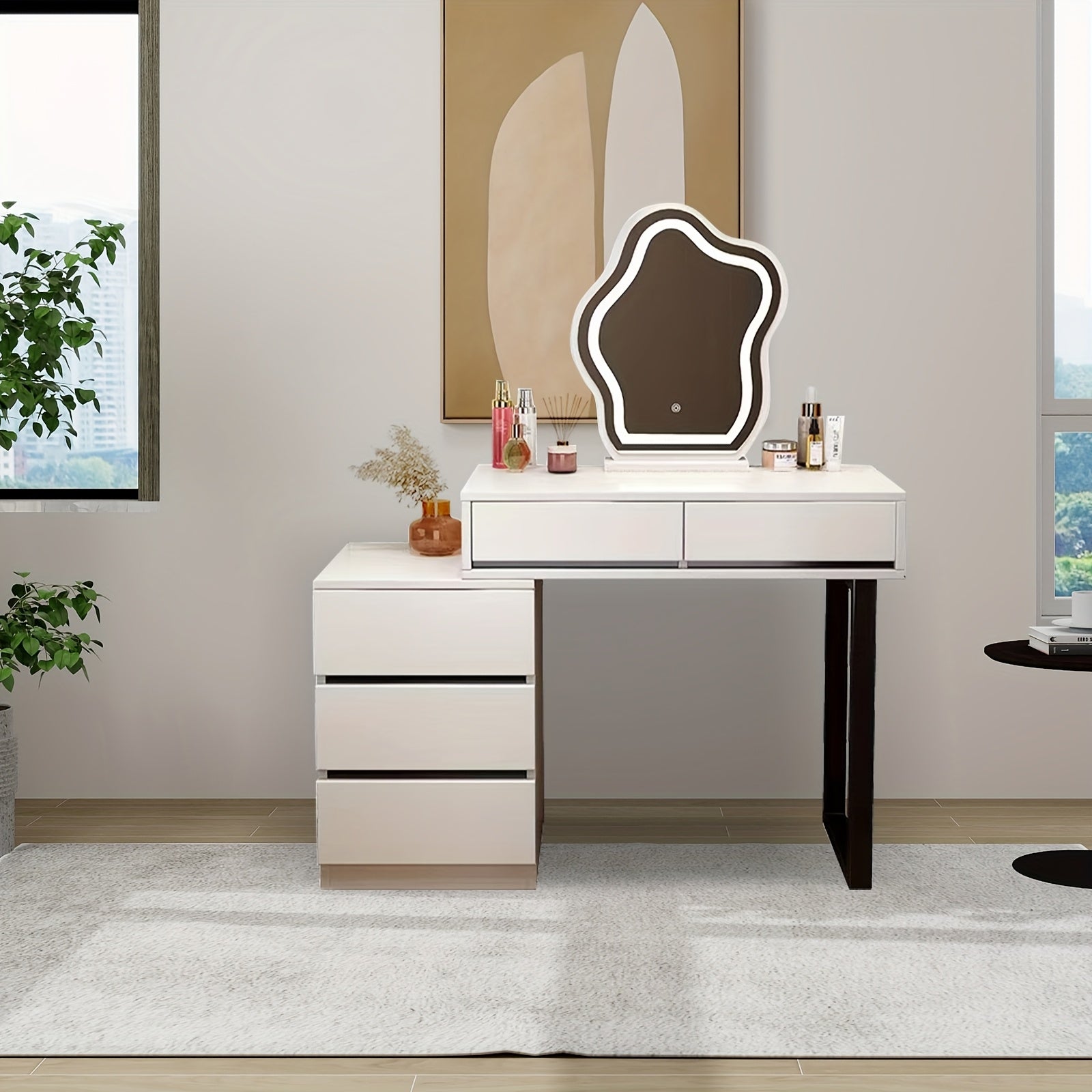 Makeuptafel – Kaptafel – Make-up Tafel – Schminktisch – Cosmetica Tafel – 5 Lades – MDF Met Metaal – Modern Wit Met Spiegel – Compact & Ruim Opbergmeubel – 69 cm Hoog - QUORE